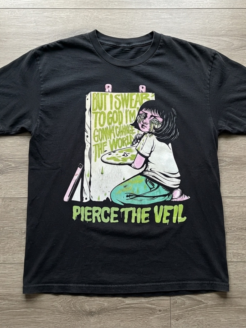 Gildan Black Pierce The Veil Graphic Tee with Green & Pink Art